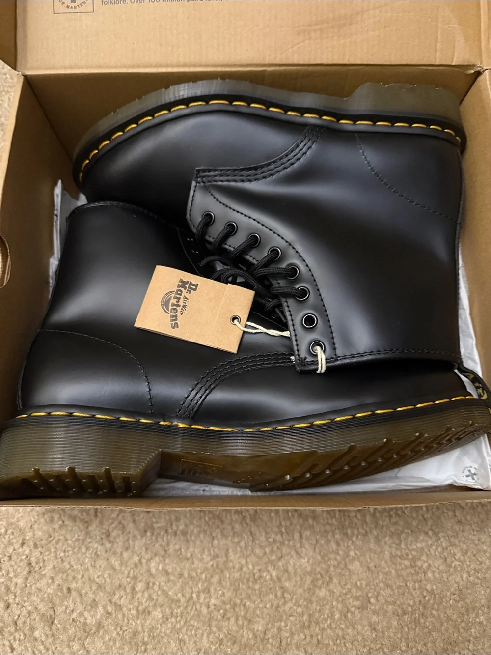 Dr. Martens Black Leather Lace-Up Boots with Yellow Stitching